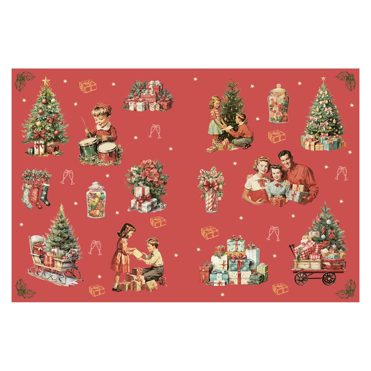Vintage 1950s style Christmas illustrations with trees, families, and gifts on a festive red background.