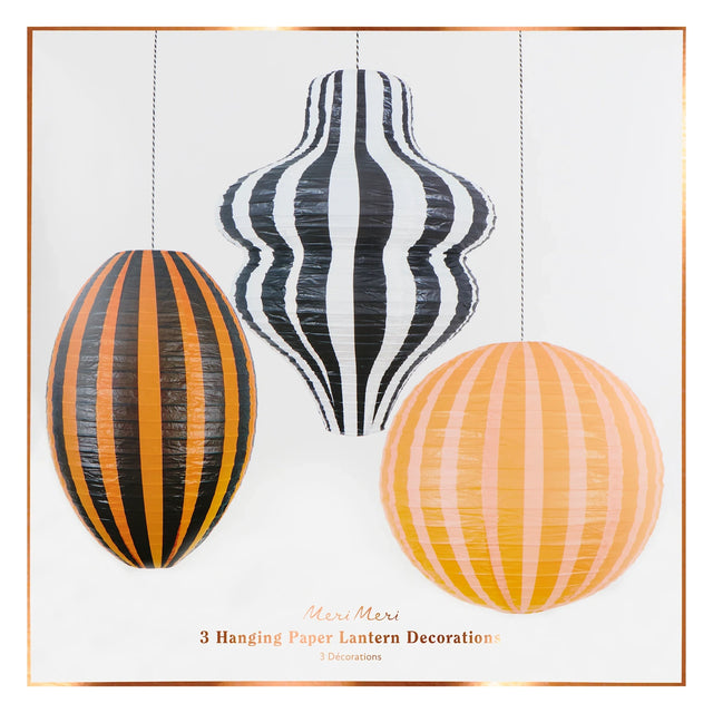Packaging display for Meri Meri 3 Hanging Paper Lantern Decorations featuring three striped lanterns.