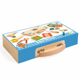 Djeco Super Bricolo wooden tool set for kids in a blue and wood carrying case with toy saw and hammer.