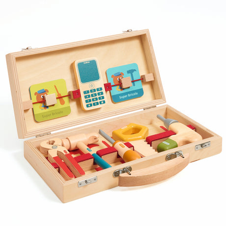Djeco Super Bricolo wooden toy tool set in a carry case with a hammer, drill, screwdriver, and play phone.