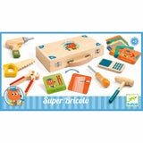 Djeco Super Bricolo wooden tool set for kids with case, drill, hammer, and activity cards.