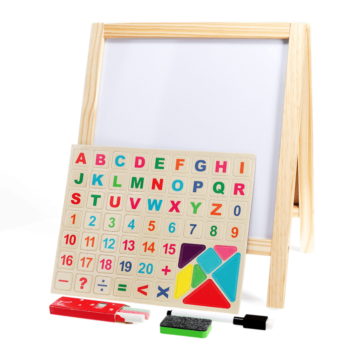 Wooden tabletop whiteboard easel shown with a magnet board of letters and numbers in front.