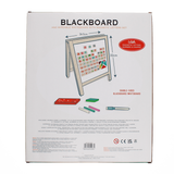 Back of easel box detailing product dimensions, included accessories, and safety warnings.