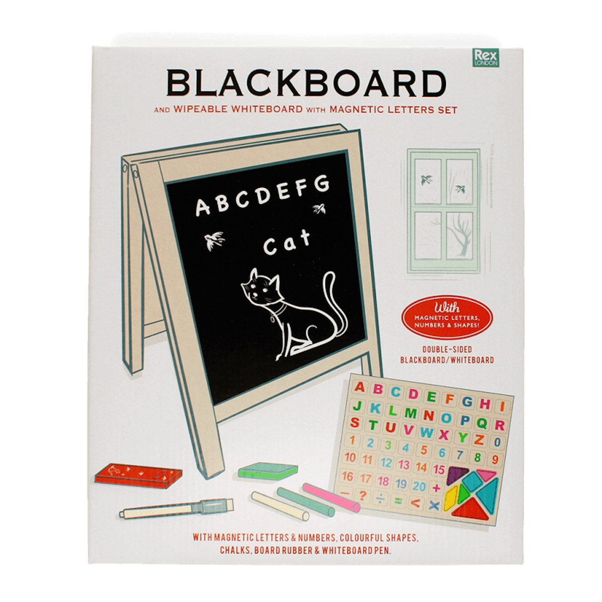 Front packaging of a tabletop blackboard and whiteboard set featuring product details and accessories.