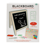 Front packaging of a tabletop blackboard and whiteboard set featuring product details and accessories.