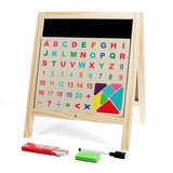 Wooden tabletop easel with magnetic letters, numbers, tangram shapes, chalk, eraser, and marker.
