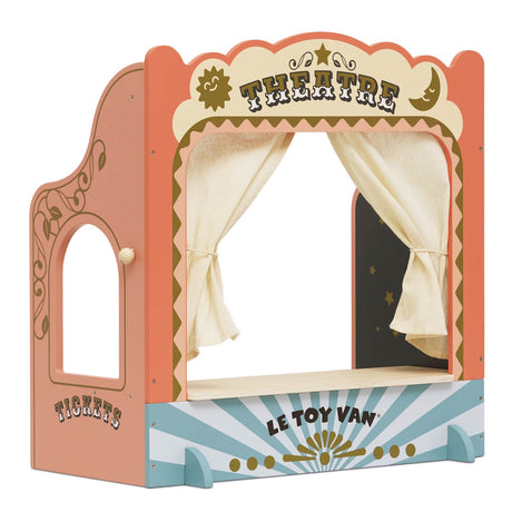 Vintage-style tabletop wooden puppet theatre with fabric curtains and a ticket window.
