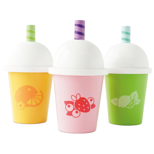 Three colorful wooden toy takeaway smoothie cups with white domed lids and striped straws.
