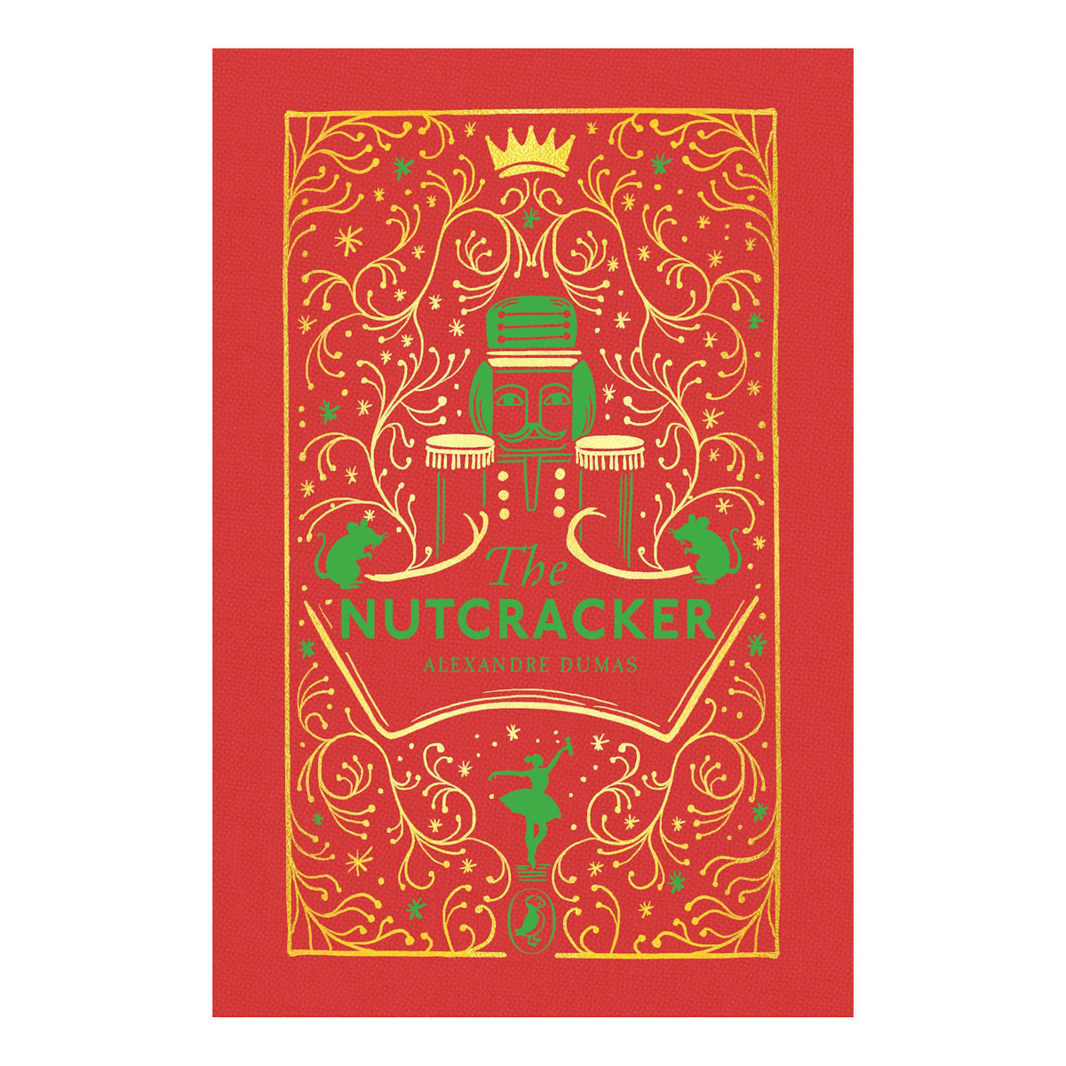 Red book cover for "The Nutcracker" by Alexandre Dumas. Features a green nutcracker, gold intricate patterns, and Christmas motifs, conveying a festive tone.