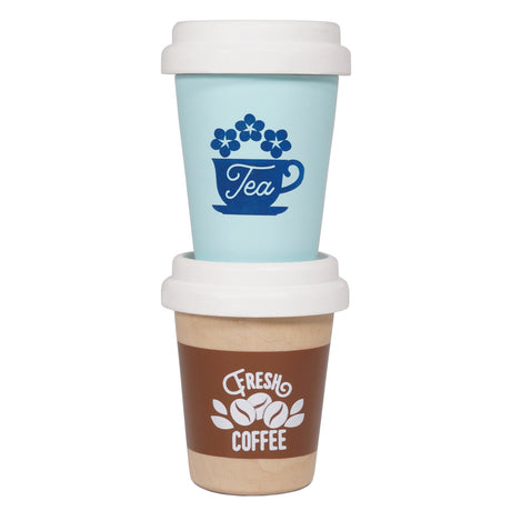 Two wooden play eco-cups stacked on top of each other, one labeled Tea and the other Fresh Coffee.