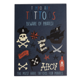 "Beware of Pirates!" temporary tattoos packaging envelope featuring pirate-themed illustrations.
