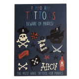 "Beware of Pirates!" temporary tattoos packaging envelope featuring pirate-themed illustrations.