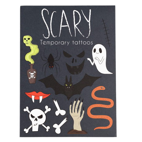 Front of Scary temporary tattoos black packaging with spooky illustrations of a ghost, bat, and skull.