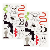 Two sheets of Halloween temporary tattoos featuring spooky illustrations like skulls, bats, and ghosts.