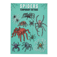 Front cover of a teal packaging card for spider temporary tattoos showcasing various detailed spider designs and cobwebs.