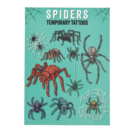 Front cover of a teal packaging card for spider temporary tattoos showcasing various detailed spider designs and cobwebs.