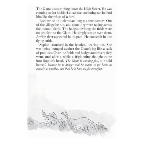 An inside page of The BFG book featuring text from the story and a small black-and-white illustration at the bottom.