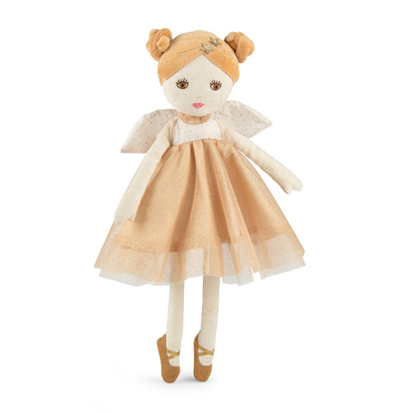 Plush fairy Melusine doll from The Fairies Fold with a gold tulle dress and wings.