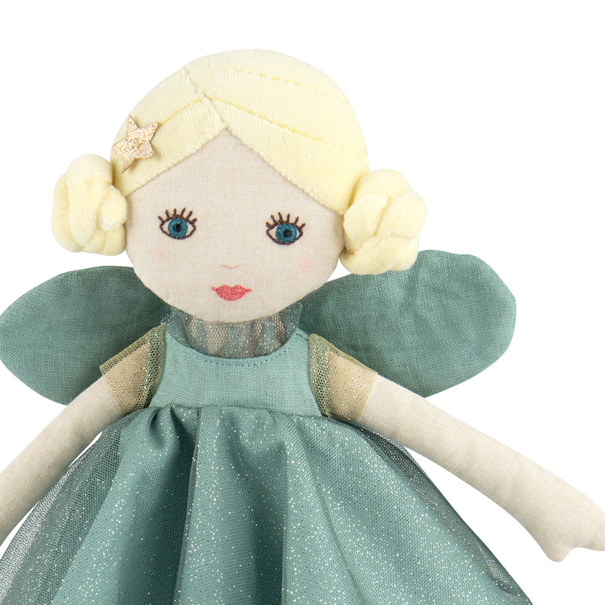 Les Rosalies fairy rag doll with blonde hair bun updo, star hairclip, and green glitter dress.