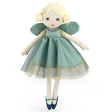 Moulin Roty Ondine green fairy rag doll with blonde hair, wings, and a glittery tulle dress.