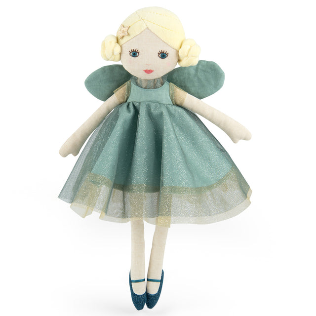 Moulin Roty Ondine green fairy rag doll with blonde hair, wings, and a glittery tulle dress.
