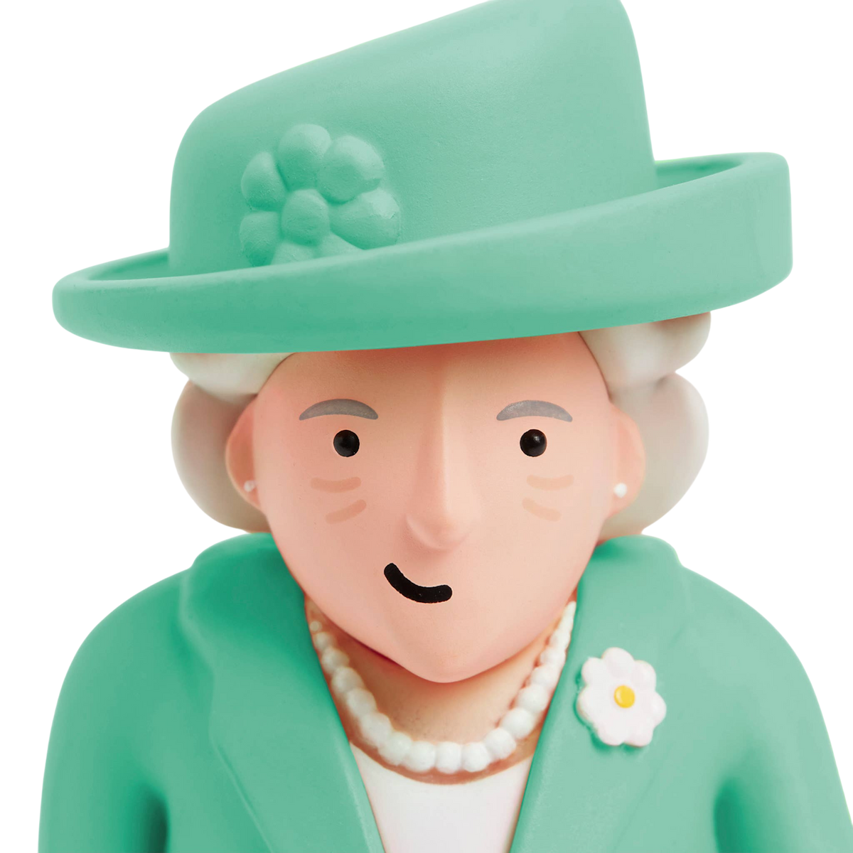 A cartoon-style figure with a simple face, wearing a turquoise outfit and matching hat. The figure has a neutral expression and wears a pearl necklace.