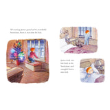 A child sits by a window, gazing at a Snowman outside under a glowing Christmas tree. Later, in pajamas, the child looks out the window before snuggling into bed, conveying a warm, cozy atmosphere.