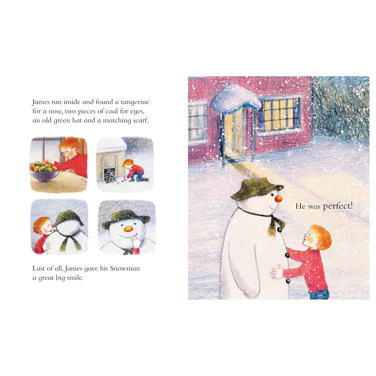 A boy in a red sweater builds a snowman with a tangerine nose, coal eyes, and a green hat and scarf. He hugs it joyfully as snow falls.