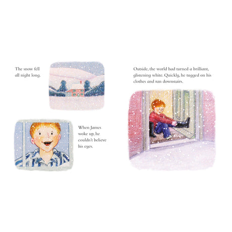 Illustrated children's book page shows a snowy landscape, a surprised boy in pajamas, and the boy in a red sweater and boots, heading outside joyfully.