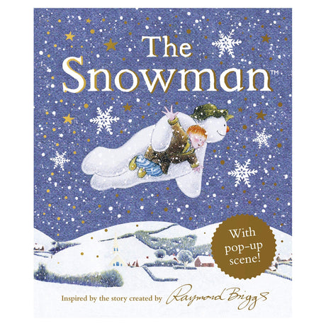 Illustrated book cover for "The Snowman," showing a smiling snowman and a boy flying through a snowy night sky. Snowflakes and stars surround them. A winter landscape is below.