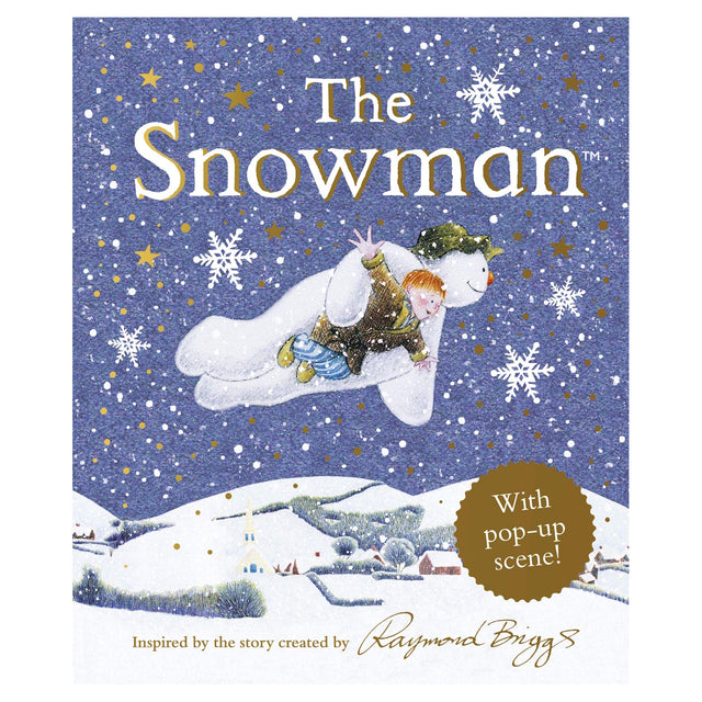 Illustrated book cover for "The Snowman," showing a smiling snowman and a boy flying through a snowy night sky. Snowflakes and stars surround them. A winter landscape is below.