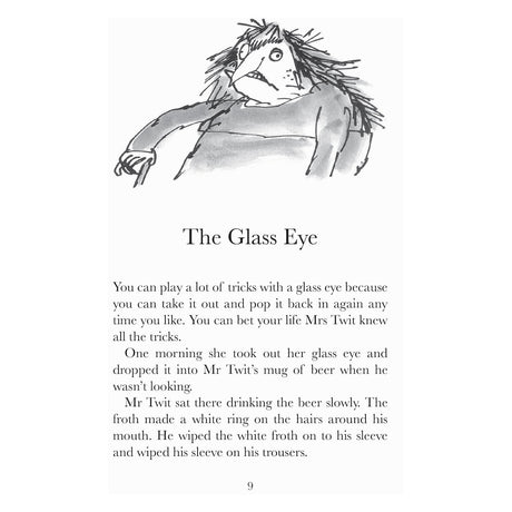 Black and white page 9 from The Twits with a rough illustration of Mr. Twit and text titled The Glass Eye.
