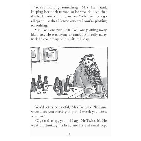 Black and white page 10 featuring an illustration of Mr. Twit sitting at a table with beer bottles.