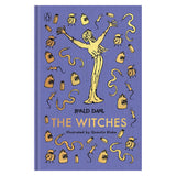 Purple book cover for The Witches by Roald Dahl with gold illustrations of a witch, mice, and snakes.