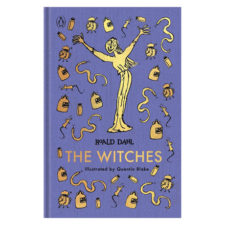 Purple book cover for The Witches by Roald Dahl with gold illustrations of a witch, mice, and snakes.