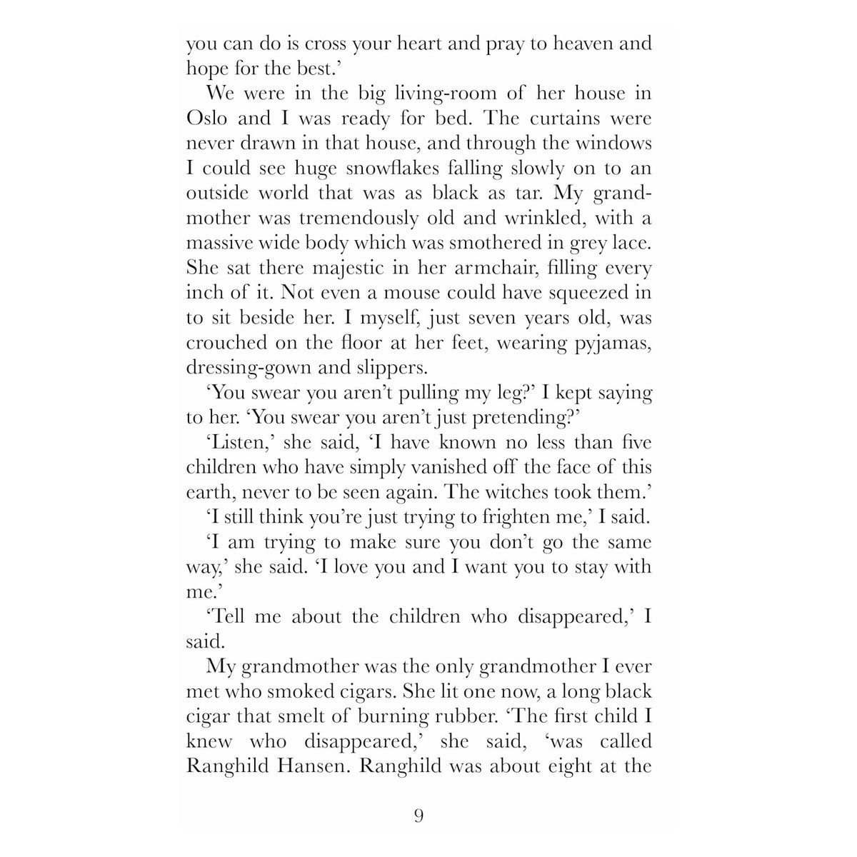 Page from a book featuring text about a child listening to their grandmother talk about witches.