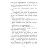 Printed book page describing a grandmother telling stories about missing children taken by a tall lady.