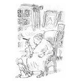 Black and white sketch of a grandmother smoking a cigar in a chair with a young child sitting nearby.
