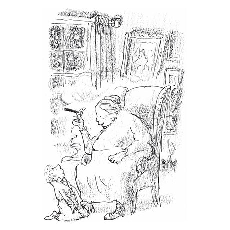 Black and white sketch of a grandmother smoking a cigar in a chair with a young child sitting nearby.