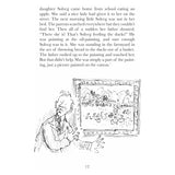 Book page featuring text about Solveg trapped in a painting, with a sketch of a man looking at it.