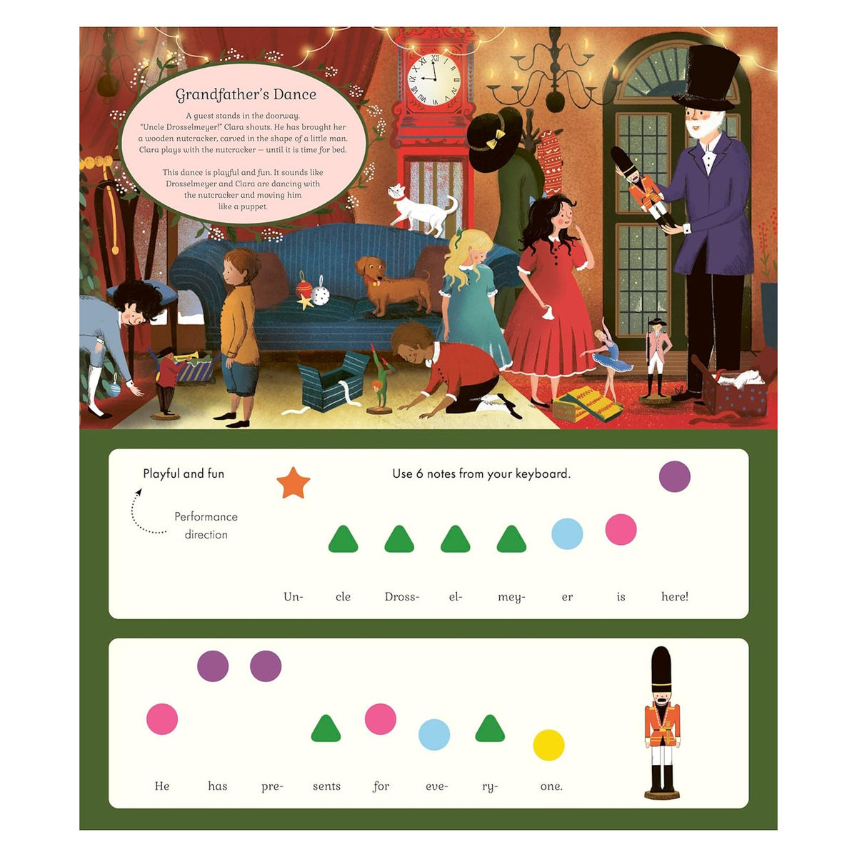 An illustrated scene of a cozy room with children and adults, including a man in a tall hat holding a nutcracker. A dog, cat, and various toys are present. The room is warmly lit with a clock showing bedtime. Below, musical notations and performance directions are shown with colorful symbols, conveying a cheerful and playful tone.