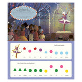 Illustration of the Sugar Plum Fairy dancing on stage surrounded by an audience under a starry sky. A music sheet with colorful shapes is below.