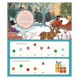 Illustrated winter scene with reindeer pulling a sled carrying a sleeping girl, Clara. A man in a top hat guides the sled. Trees and gifts in the background. Music notes symbolize "It's time to leave the Land of Sweets; Clara returns home." Festive and enchanting tone.