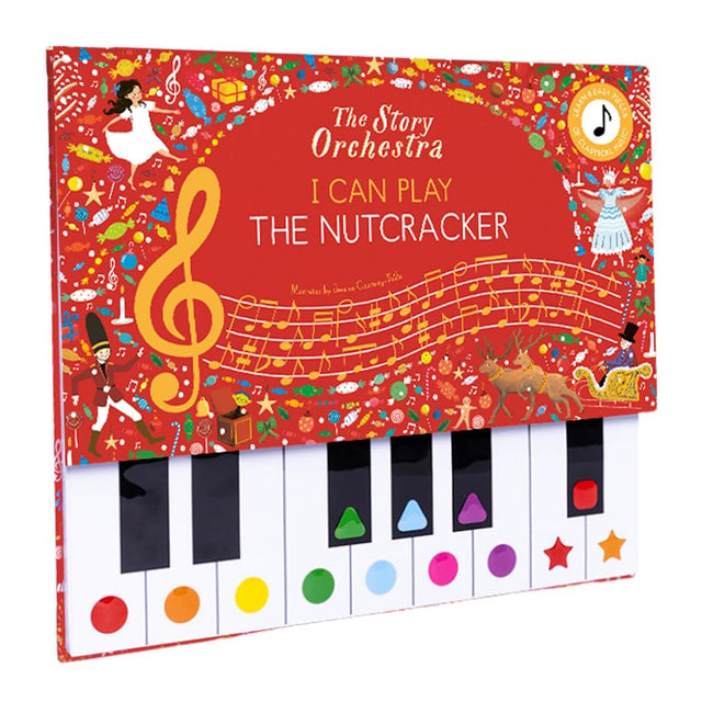 Children's book cover with a toy piano keyboard. The red theme features festive illustrations from "The Nutcracker," including ballerinas and musical notes.