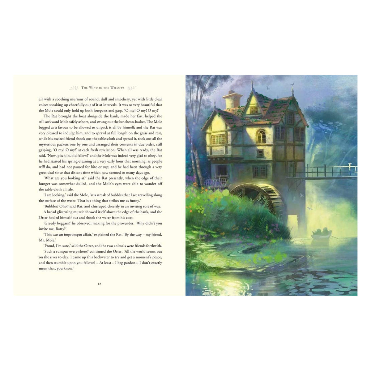 Illustration of a rustic watermill cottage from The Wind in the Willows beside a river with a small boat.