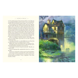 Illustration of a rustic watermill cottage from The Wind in the Willows beside a river with a small boat.