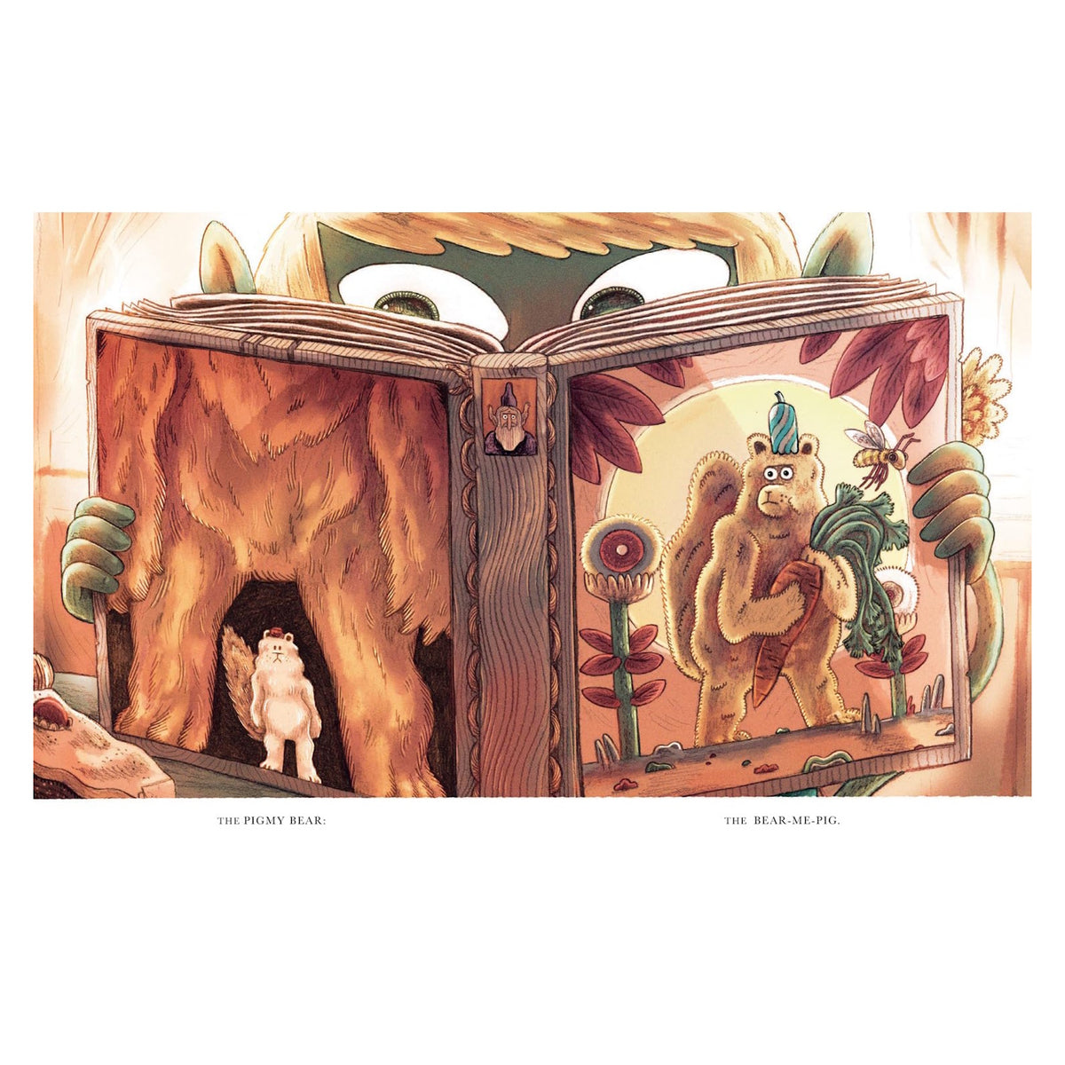 Illustrated book page showing a large creature looking over an open book with pictures of weird hybrid creatures. 