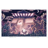 Illustrated book page showing creatures outside a lit cafe at the edge of the woods at night.