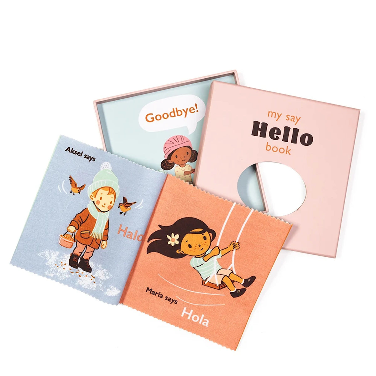 Open fabric book titled "my say Hello book" with children's illustrations beside its pink box.
