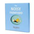 Light blue gift box for "The Noisy Farmyard" book with a chick hatching illustration in a circular window.